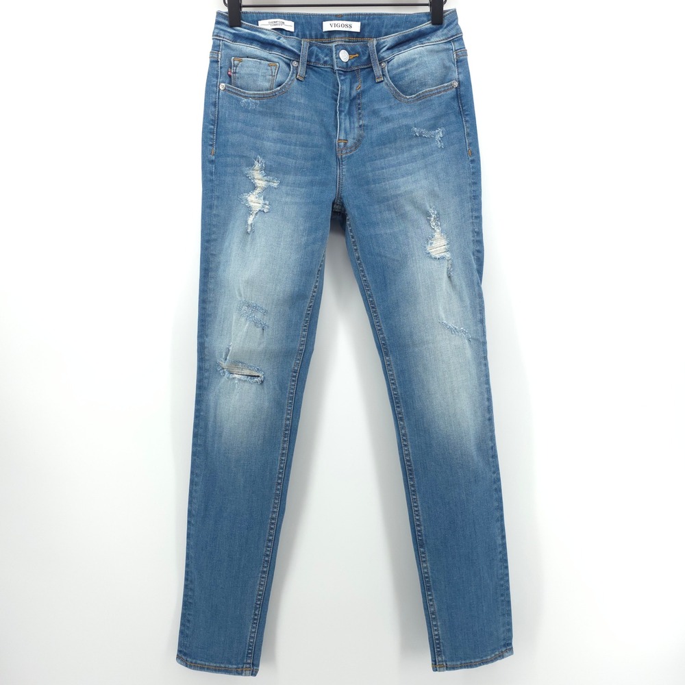 Vigoss Womens Jeans Thompson Tomboy 27 Blue Distressed Relaxed Fit Denim